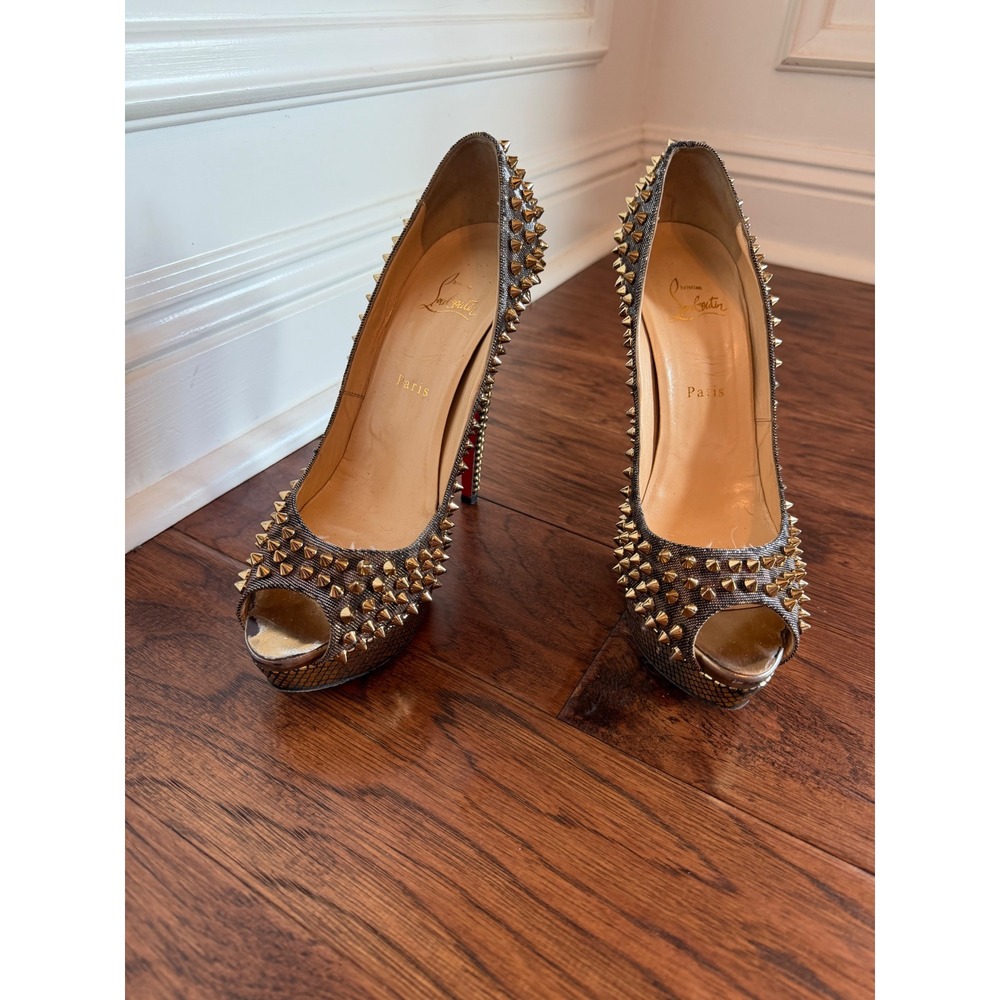 Christian Louboutin Lady Peep Spikes Gold Platform Peep Toe Pumps EU 41